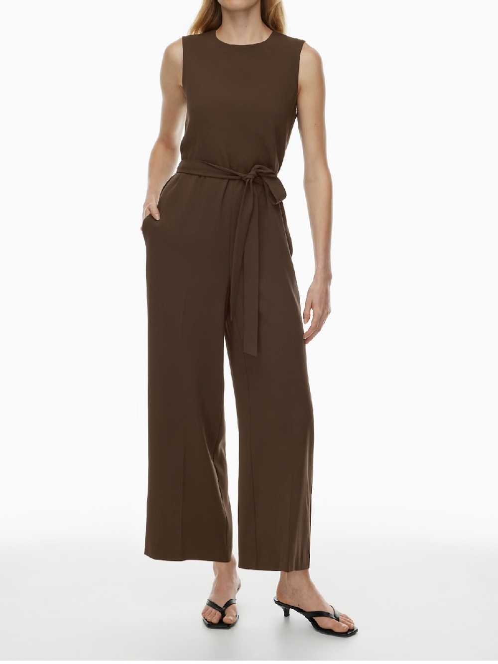 Babaton Office Jumpsuit Belted Crepe Jumpsuit in Rich Mocha Brown, Size Medium.